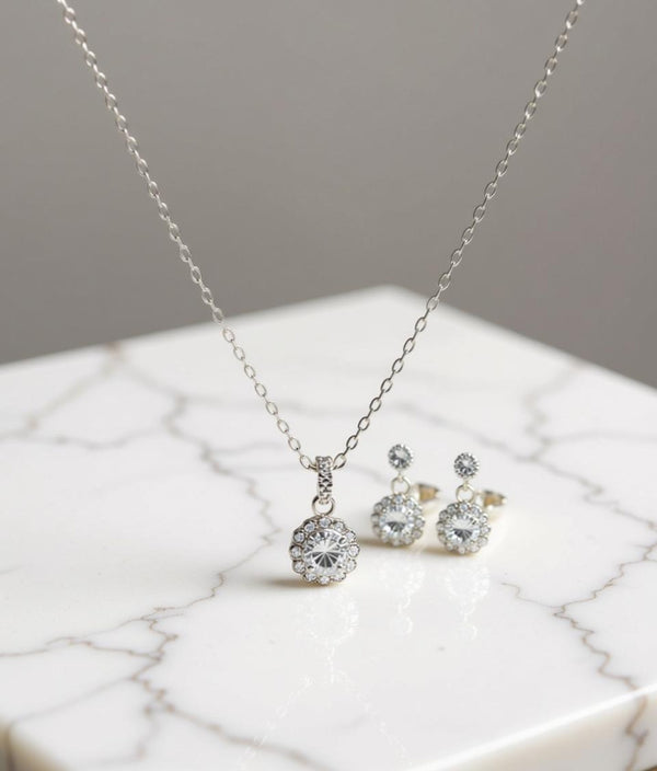 Halo Stud Earring and Necklace Set with Cubic Zirconia in Sterling Silver